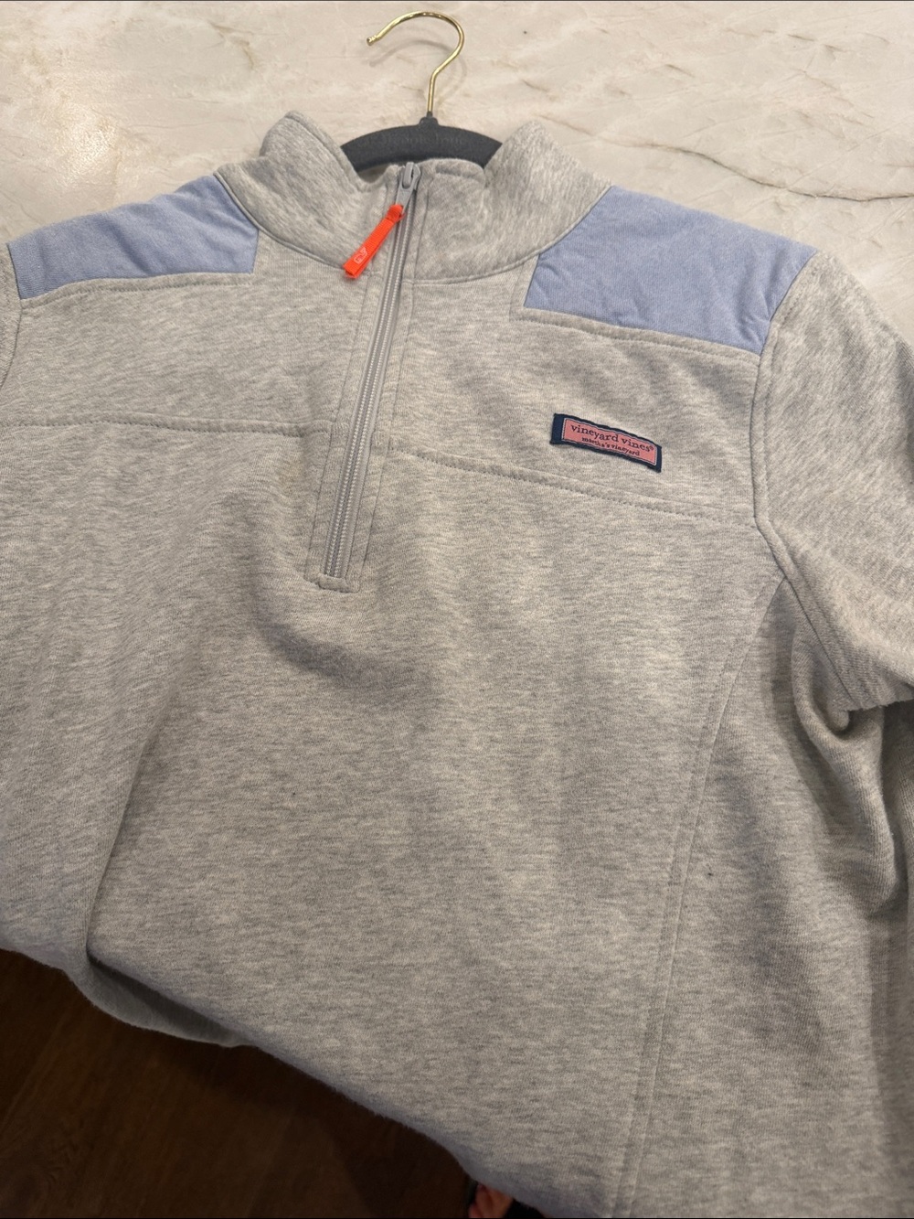 Vineyard Vines Woman’s Light Gray Quarter-Zip Pullover with Blue Shoulder Panels
